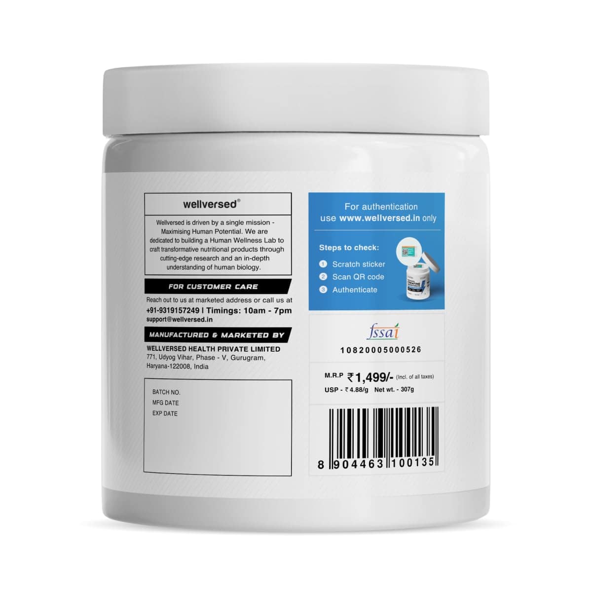 Product back label showing batch number, FSSAI certification, and authentication steps